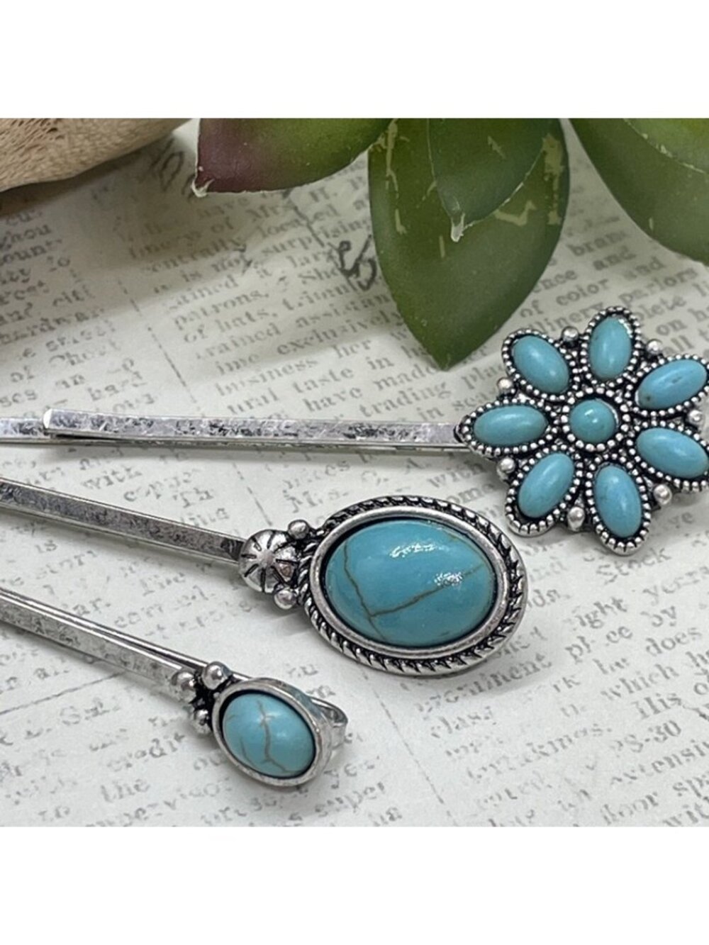 SET 3 Silver Southwest Western Hair pins Clips Turquoise BLUE Concho Flower New